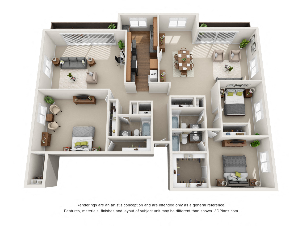 Floor plan for 3 beds, 3 baths, 1609 sqft